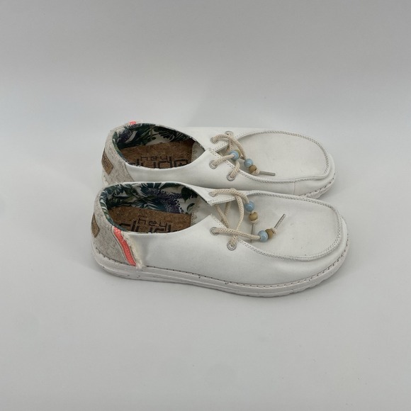 Hey Dude Shoes Womens Size 8 Wendy Natural White with Tan Accents Slip On Beaded - Picture 1 of 7